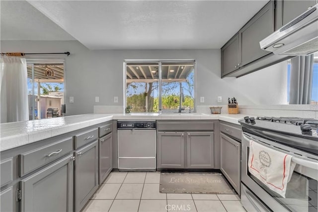 37025 96th St E, Littlerock, CA 93543 - kitchen featuring dishwasher, gray cabinetry, stainless steel range with electric cooktop, and under cabinet range hood
