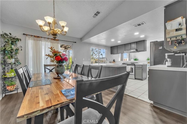 37025 96th St E, Littlerock, CA 93543 - dining room with lofted ceiling, a textured ceiling, visible vents, and a chandelier