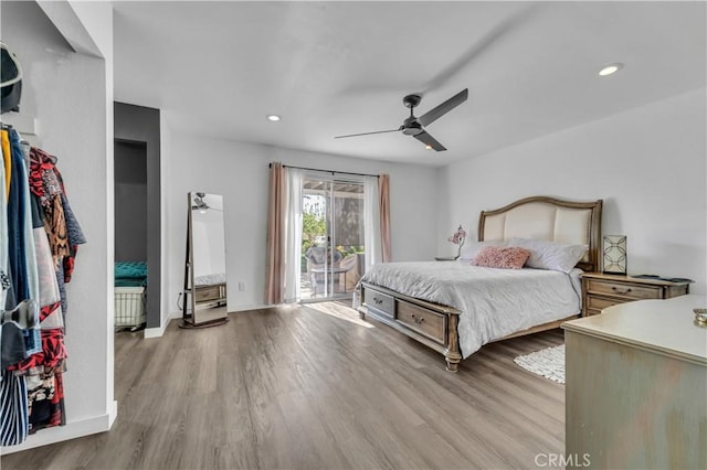 37025 96th St E, Littlerock, CA 93543 - bedroom with recessed lighting, access to outside, a ceiling fan, baseboards, and wood finished floors