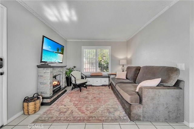 37025 96th St E, Littlerock, CA 93543 - tiled living area with baseboards, ornamental molding, and a stone fireplace