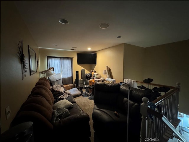 carpeted home theater room with recessed lighting