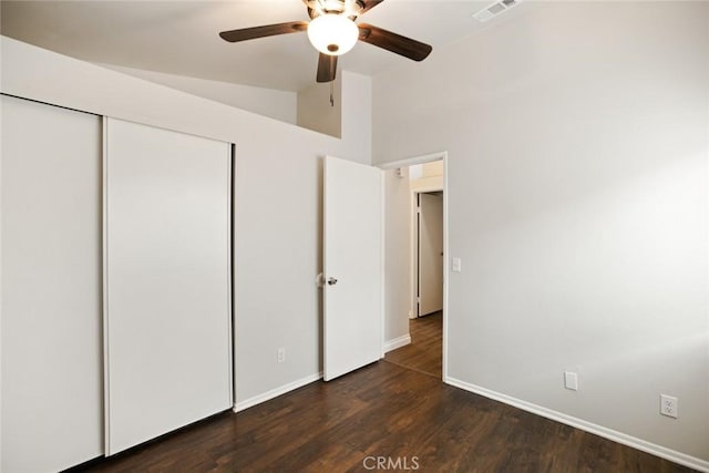 13139 Kiowa Dr, Moreno Valley, CA 92553 - unfurnished bedroom with baseboards, wood finished floors, a closet, vaulted ceiling, and ceiling fan