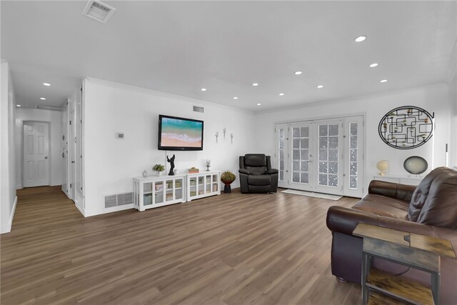 649 Sycamore Ave, Claremont, CA 91711 - living area featuring recessed lighting, wood finished floors, baseboards, french doors, and ornamental molding