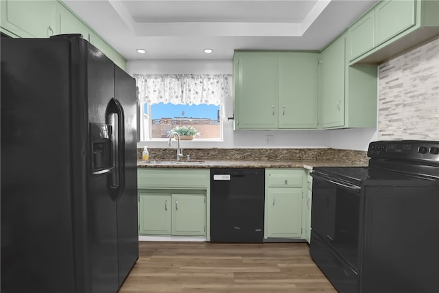649 Sycamore Ave, Claremont, CA 91711 - kitchen featuring black appliances, a sink, green cabinetry, a tray ceiling, and recessed lighting