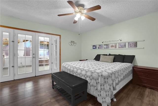 649 Sycamore Ave, Claremont, CA 91711 - bedroom with french doors, dark wood-type flooring, access to exterior, a textured ceiling, and multiple windows