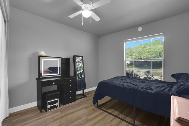 649 Sycamore Ave, Claremont, CA 91711 - bedroom featuring baseboards, crown molding, wood finished floors, and a ceiling fan