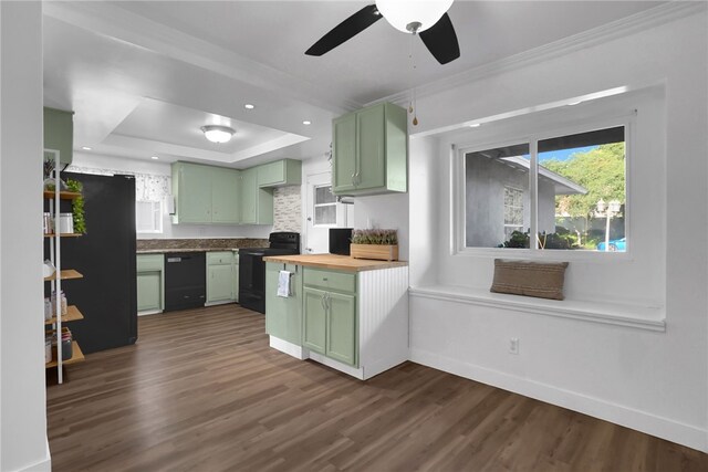 649 Sycamore Ave, Claremont, CA 91711 - kitchen featuring green cabinets, black appliances, a raised ceiling, dark wood-style floors, and recessed lighting