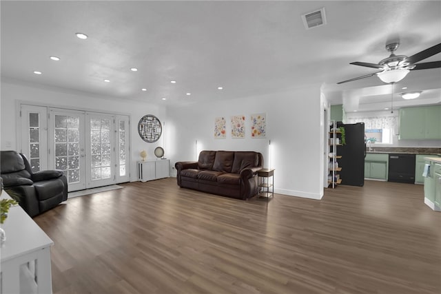 649 Sycamore Ave, Claremont, CA 91711 - living area with recessed lighting, wood finished floors, a ceiling fan, baseboards, and french doors