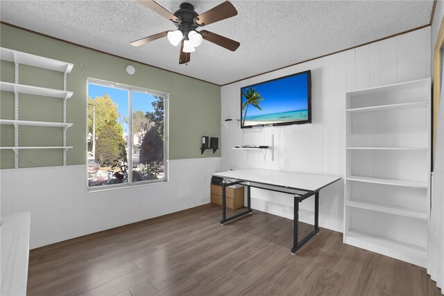 649 Sycamore Ave, Claremont, CA 91711 - unfurnished office with a textured ceiling, wood finished floors, ceiling fan, and wainscoting