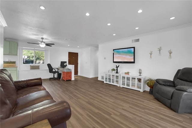 649 Sycamore Ave, Claremont, CA 91711 - living area with a desk, wood finished floors, recessed lighting, crown molding, and a ceiling fan