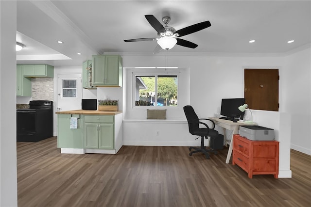 649 Sycamore Ave, Claremont, CA 91711 - office featuring dark wood-type flooring, a ceiling fan, ornamental molding, recessed lighting, and baseboards