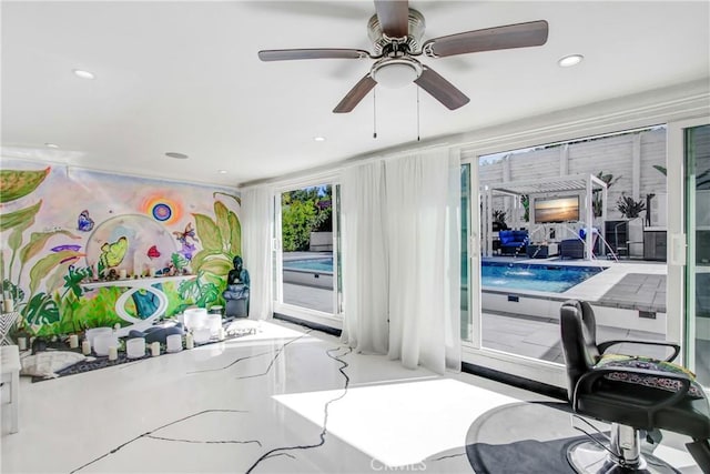 interior space with recessed lighting and ceiling fan