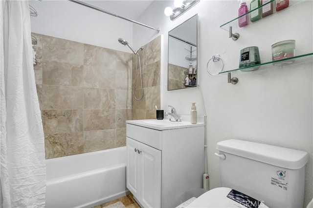 bathroom with vanity, toilet, and shower / bathtub combination with curtain