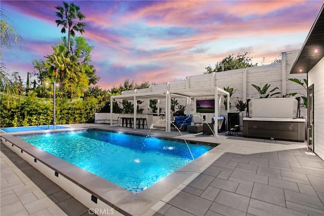 pool at dusk featuring a pergola, a patio, an outdoor living space, and an outdoor pool