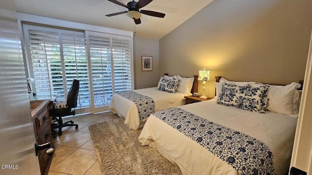 48940 Phlox Pl, Palm Desert, CA 92260 - tiled bedroom with ceiling fan and vaulted ceiling