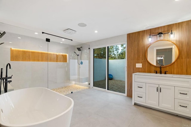 14980 Via De La Valle, Del Mar, CA 92014 - full bath with wooden walls, vanity, recessed lighting, a freestanding tub, and a stall shower