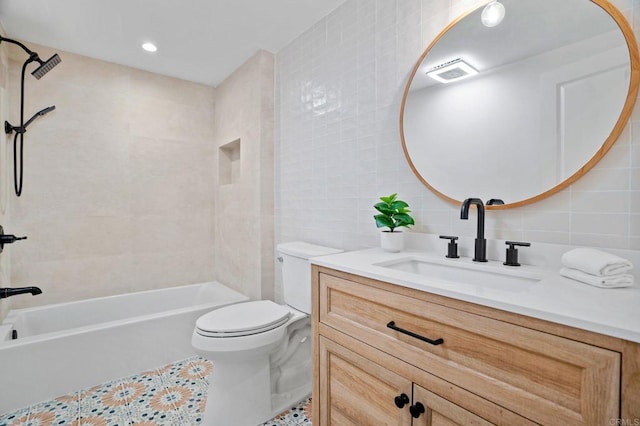 14980 Via De La Valle, Del Mar, CA 92014 - full bath featuring vanity, toilet, tile walls, tile patterned floors, and shower / bath combination