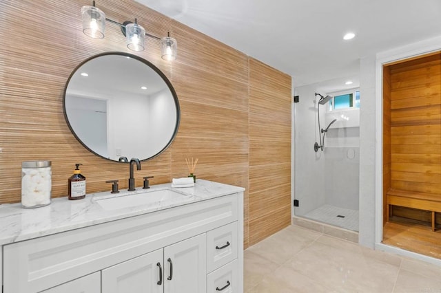 14980 Via De La Valle, Del Mar, CA 92014 - bathroom featuring recessed lighting, tile patterned floors, a tile shower, and vanity