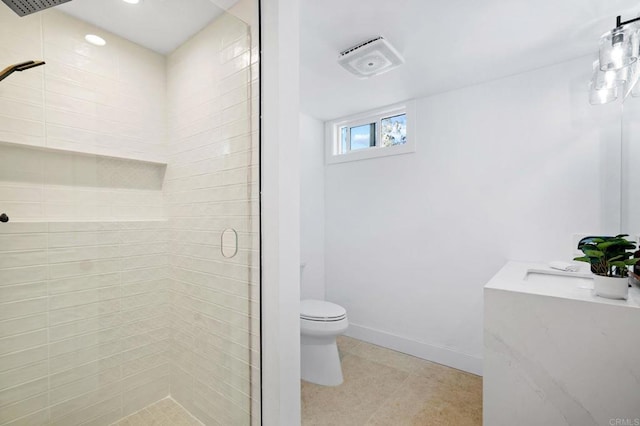 14980 Via De La Valle, Del Mar, CA 92014 - bathroom with tile patterned flooring, toilet, recessed lighting, baseboards, and a shower stall