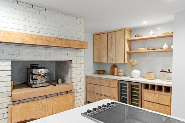 14980 Via De La Valle, Del Mar, CA 92014 - kitchen with beverage cooler, light brown cabinets, light countertops, and open shelves