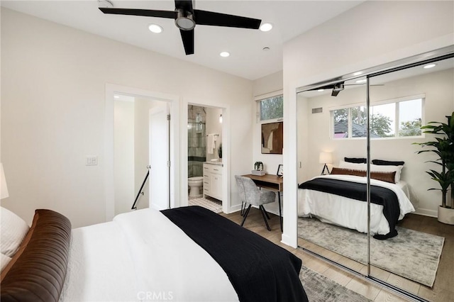 724 San Miguel Ave, Venice, CA 90291 - bedroom with baseboards, recessed lighting, wood finished floors, and a ceiling fan