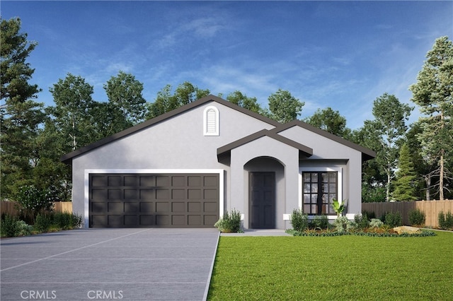 view of front of home featuring stucco siding, fence, a garage, a front yard, and concrete driveway