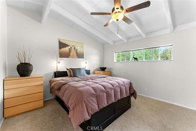 8051 Los Altos Dr, Los Molinos, CA 96055 - bedroom featuring ceiling fan, carpet flooring, vaulted ceiling with beams, and baseboards