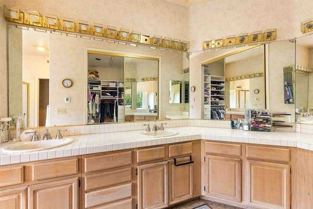 bathroom featuring double vanity, a spacious closet, and a sink