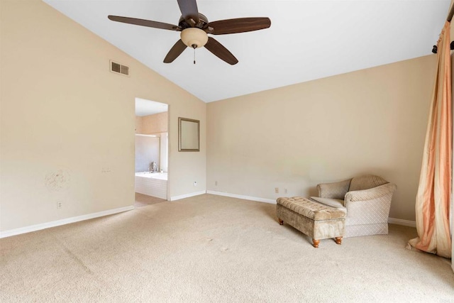 unfurnished room with carpet, baseboards, visible vents, a ceiling fan, and lofted ceiling