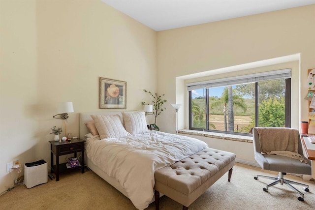 bedroom with multiple windows and light carpet