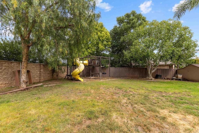 view of yard featuring a fenced backyard and a playground