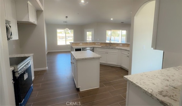kitchen featuring a healthy amount of sunlight, wood tiled floor, appliances with stainless steel finishes, and a sink
