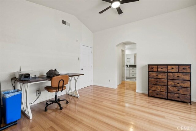 1555 Berkshire Dr, Palmdale, CA 93551 - office area featuring visible vents, a ceiling fan, baseboards, arched walkways, and light wood finished floors