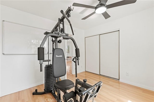 workout room featuring a ceiling fan, baseboards, and wood finished floors