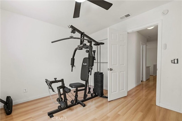 workout area featuring light wood-style floors, baseboards, ceiling fan, and visible vents