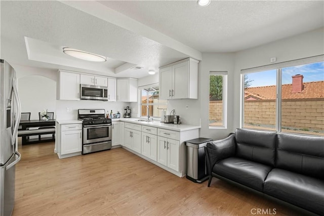 kitchen featuring light countertops, stainless steel appliances, a textured ceiling, and white cabinetry