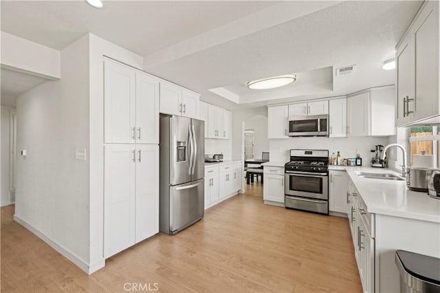kitchen with visible vents, light countertops, a sink, light wood-style flooring, and appliances with stainless steel finishes