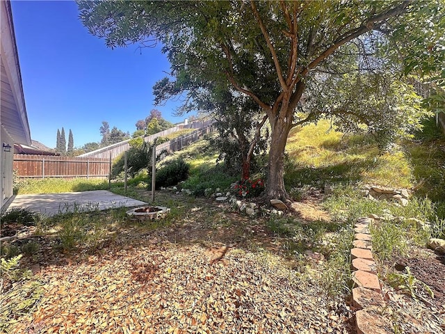 view of yard featuring fence and a patio