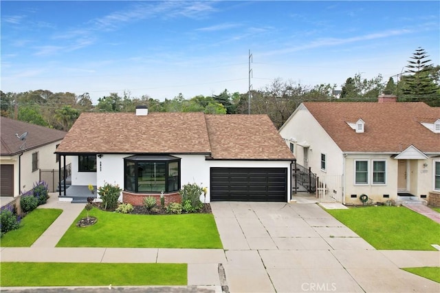 ranch-style home with driveway, a front yard, a garage, a shingled roof, and stucco siding