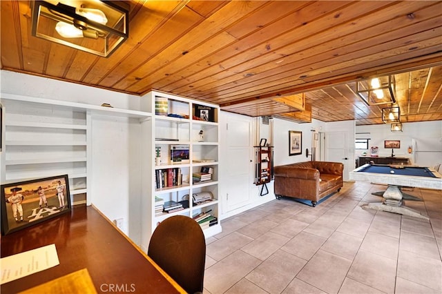 tiled living area with pool table and wooden ceiling
