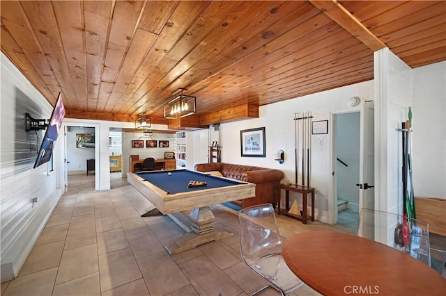 recreation room featuring billiards, wood ceiling, light tile patterned flooring, and a fireplace