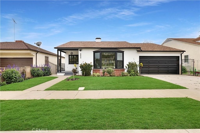 view of front of home featuring a front yard, stucco siding, a shingled roof, concrete driveway, and an attached garage