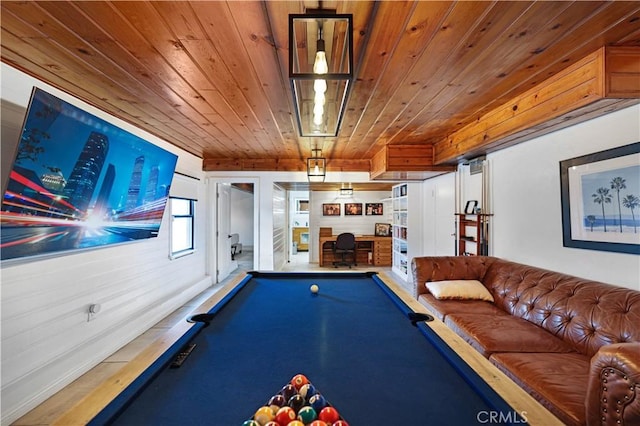 rec room with wood ceiling and billiards