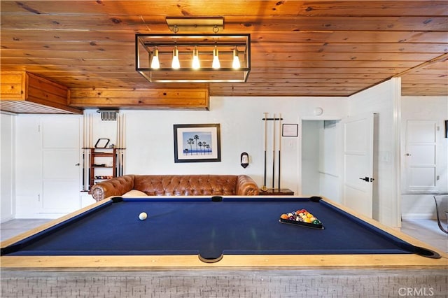 rec room with visible vents, billiards, and wood ceiling