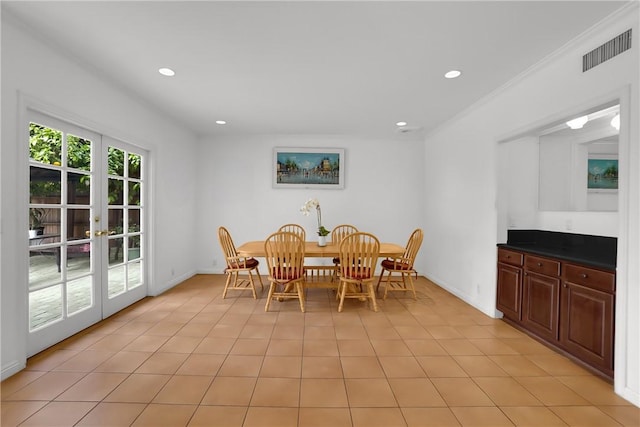 dining area featuring baseboards, french doors, recessed lighting, and visible vents