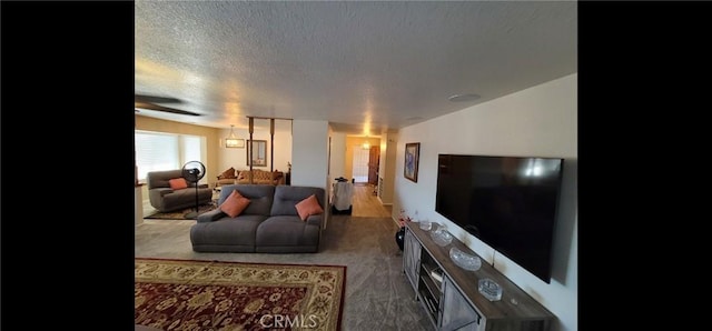 carpeted living room with a textured ceiling