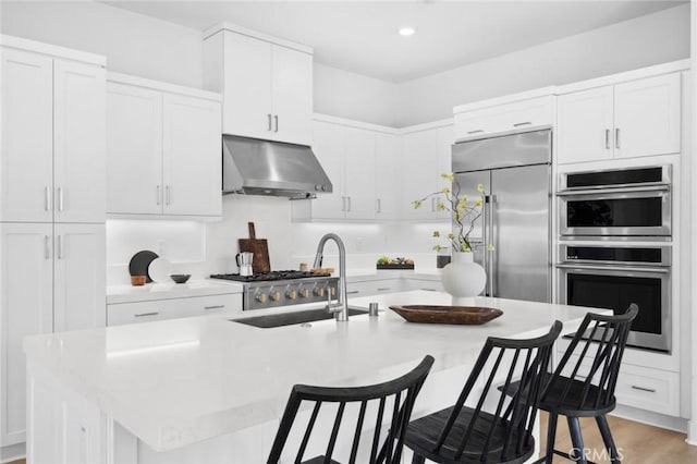 kitchen with appliances with stainless steel finishes, a sink, light countertops, white cabinetry, and under cabinet range hood