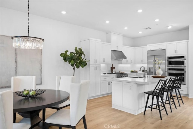 kitchen with appliances with stainless steel finishes, a sink, a kitchen breakfast bar, light wood-type flooring, and under cabinet range hood