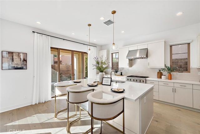 215 Sutters Ml, Irvine, CA 92602 - kitchen with visible vents, ventilation hood, a sink, light wood finished floors, and backsplash