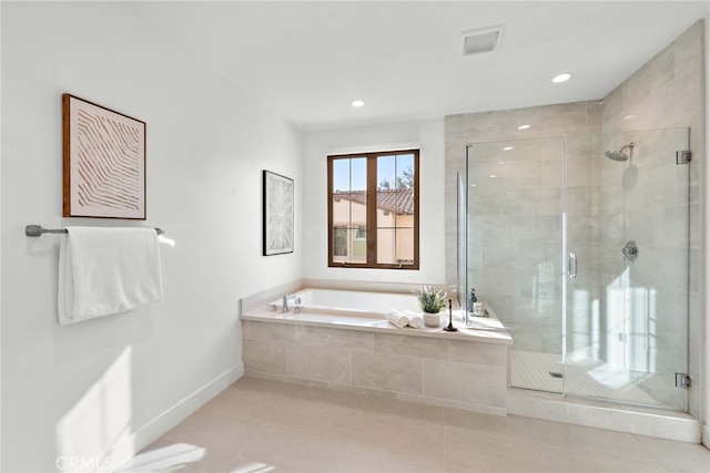 215 Sutters Ml, Irvine, CA 92602 - full bath featuring tile patterned floors, recessed lighting, a shower stall, visible vents, and a garden tub